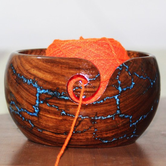 Lichtenberg Figure & Resin Wooden Yarn Bowl for Knitting and Crocheting, Yarn Storage Bowl - Handcrafted with Love 