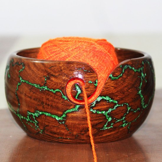 Lichtenberg Figure & Resin Wooden Yarn Bowl for Knitting and Crocheting, Yarn Storage Bowl - Handcrafted with Love 