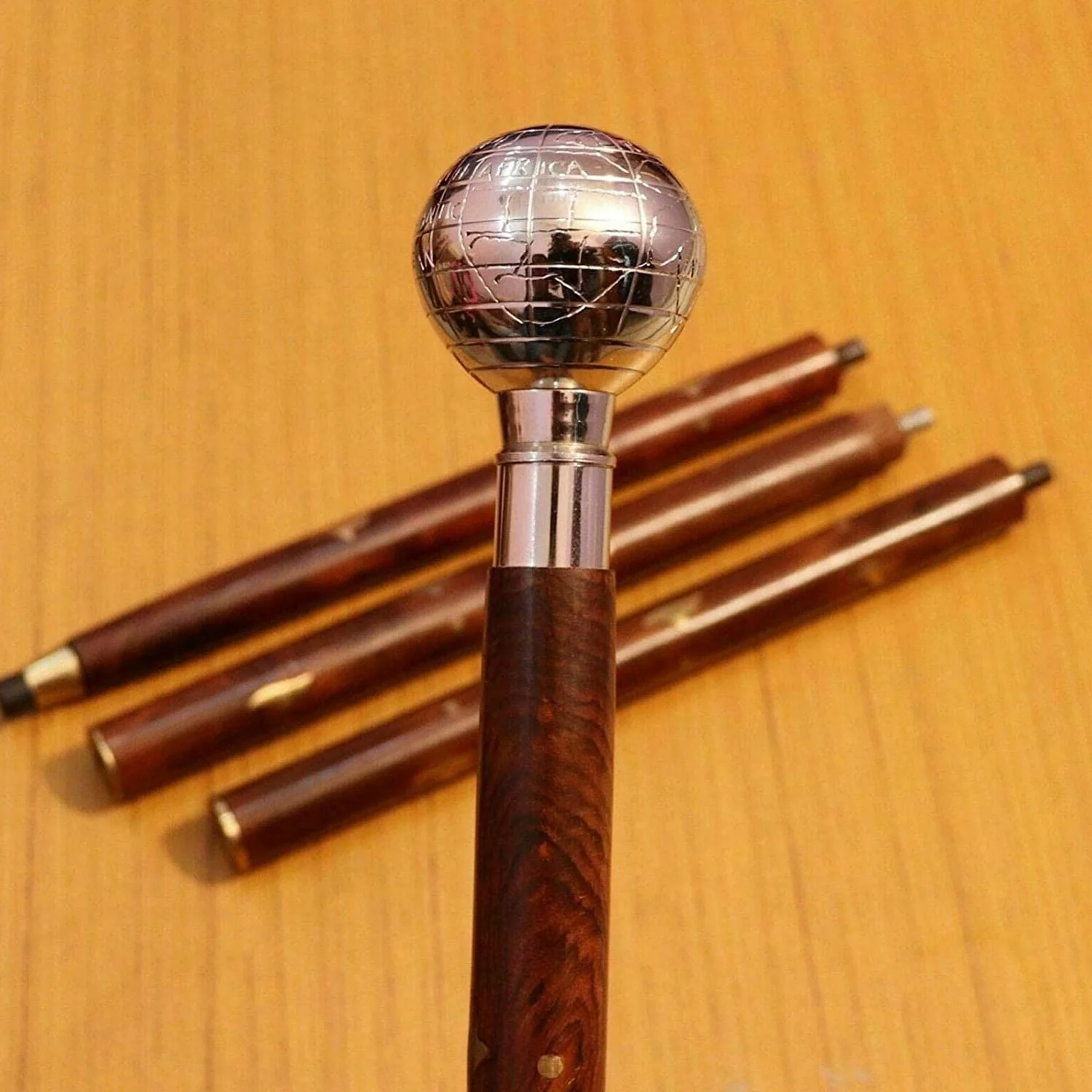 Globe Head Cast Brass Outside Handle Solid Cane Walking Stick Handle 4 –  Collectible Vintage Carved Wood Pool Cue Walking Stick Cane Brass 2 Knob –